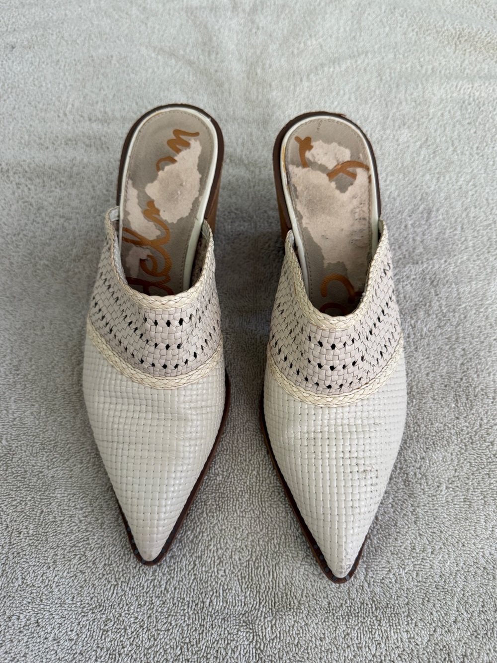 Sam Edelman Cream Woven Pointed-Toe Slip-On Mules